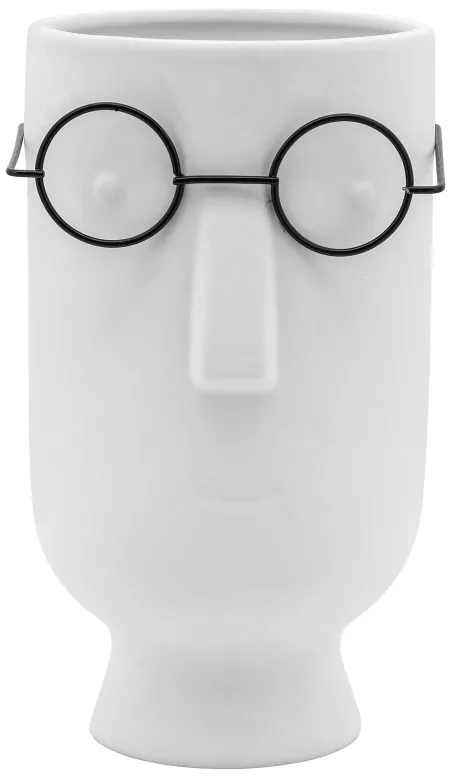 White Ceramic Face with Glasses Vase 5"W x 9"H