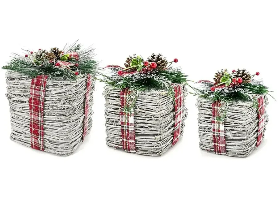 Set of 3 Natural and Red Ribbon Christmas Boxes 8/11/13"H