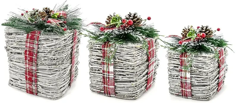 Set of 3 Natural and Red Ribbon Christmas Boxes 8/11/13"H