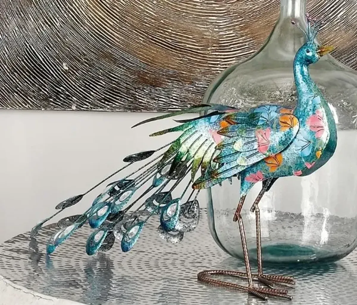 Turquoise Metal Peacock Sculpture 31"W x 20"H