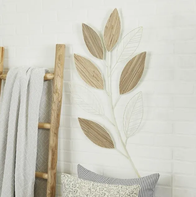 Metal and Wood Brown and Cream Leaves Wall Décor 21"W x 36"H