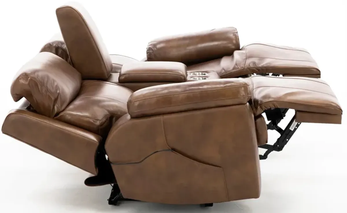 Direct Design Evanston Leather Fully Loaded Console Loveseat with Air Massage in Caramel