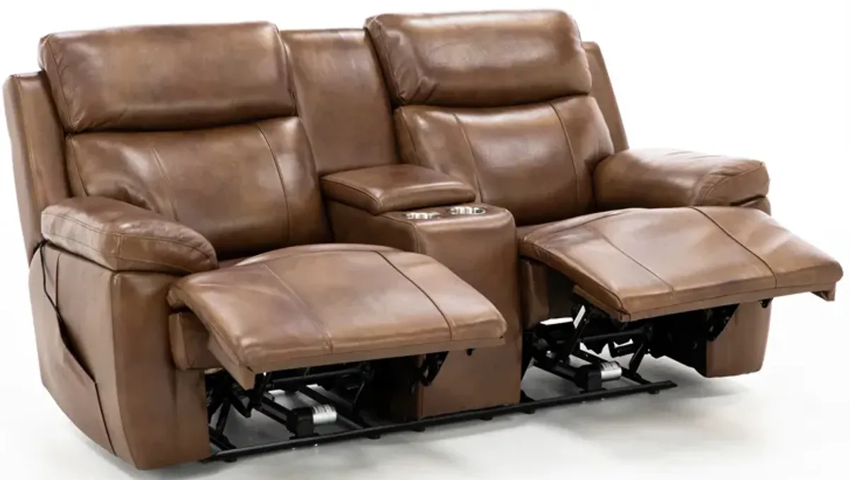 Direct Design Evanston Leather Fully Loaded Console Loveseat with Air Massage in Caramel