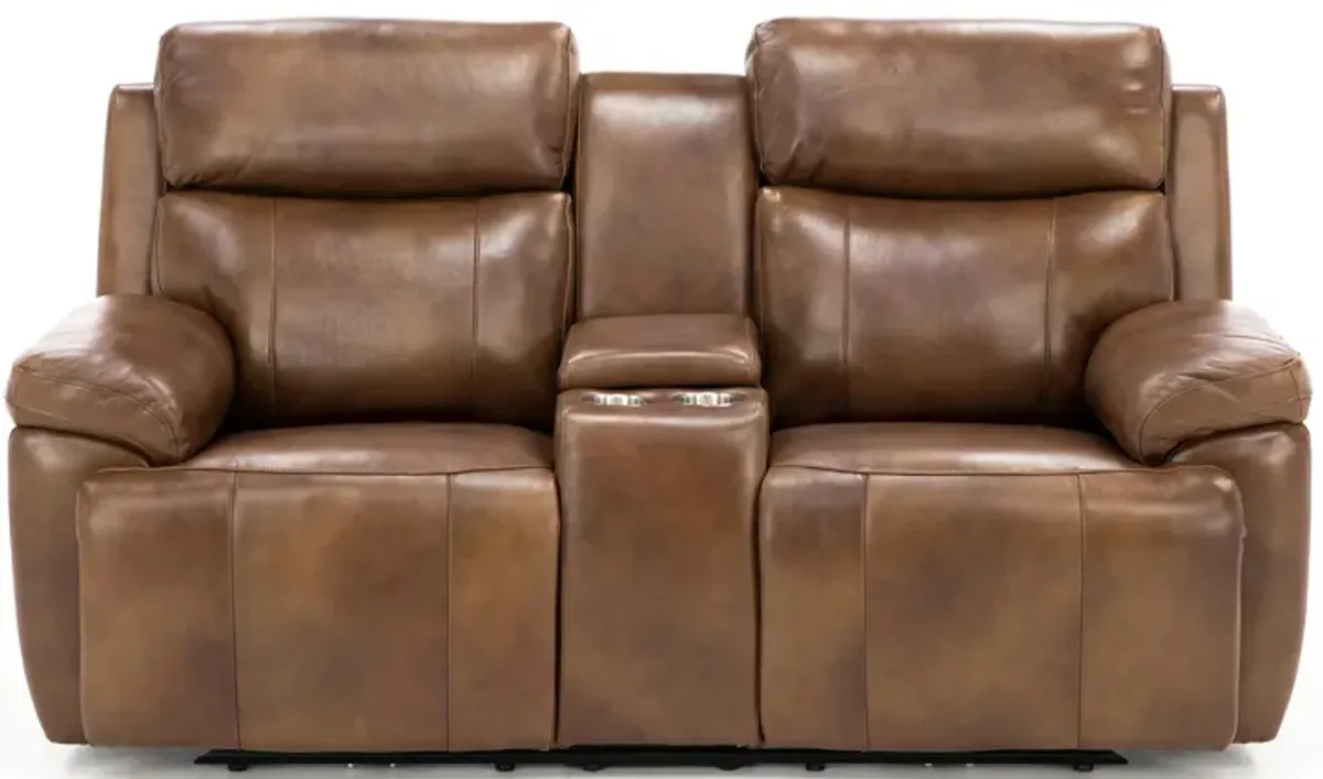 Direct Design Evanston Leather Fully Loaded Console Loveseat with Air Massage in Caramel