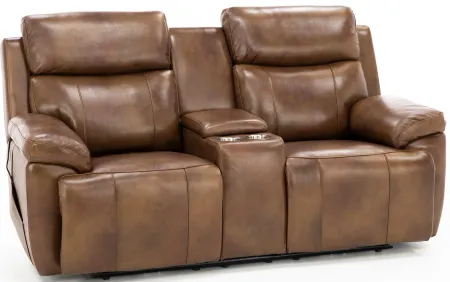 Direct Design Evanston Leather Fully Loaded Console Loveseat with Air Massage in Caramel