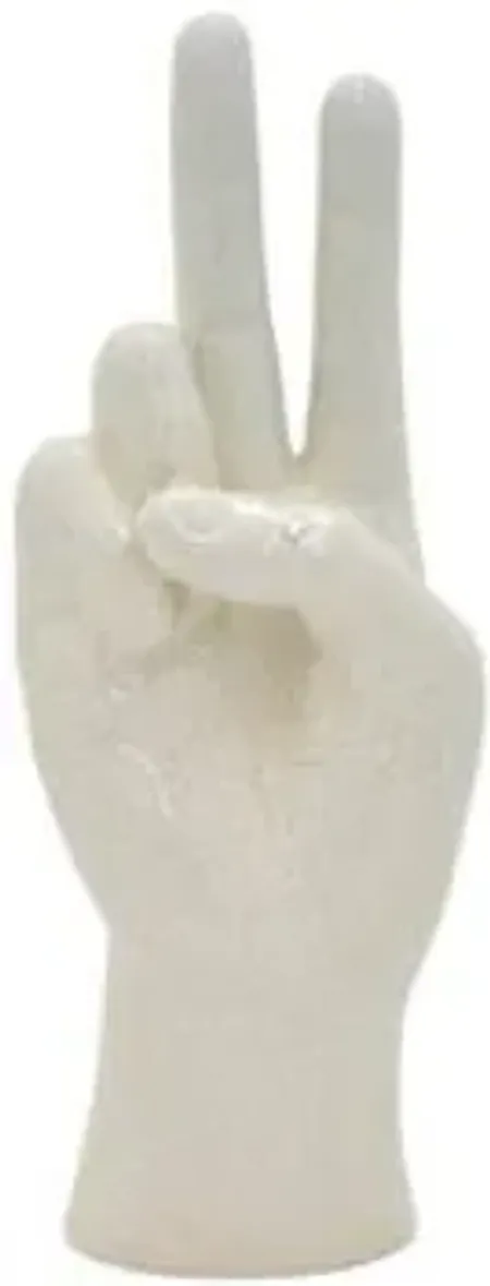 White Hand Peace Sign Sculpture 3.75"W x 9.75"H