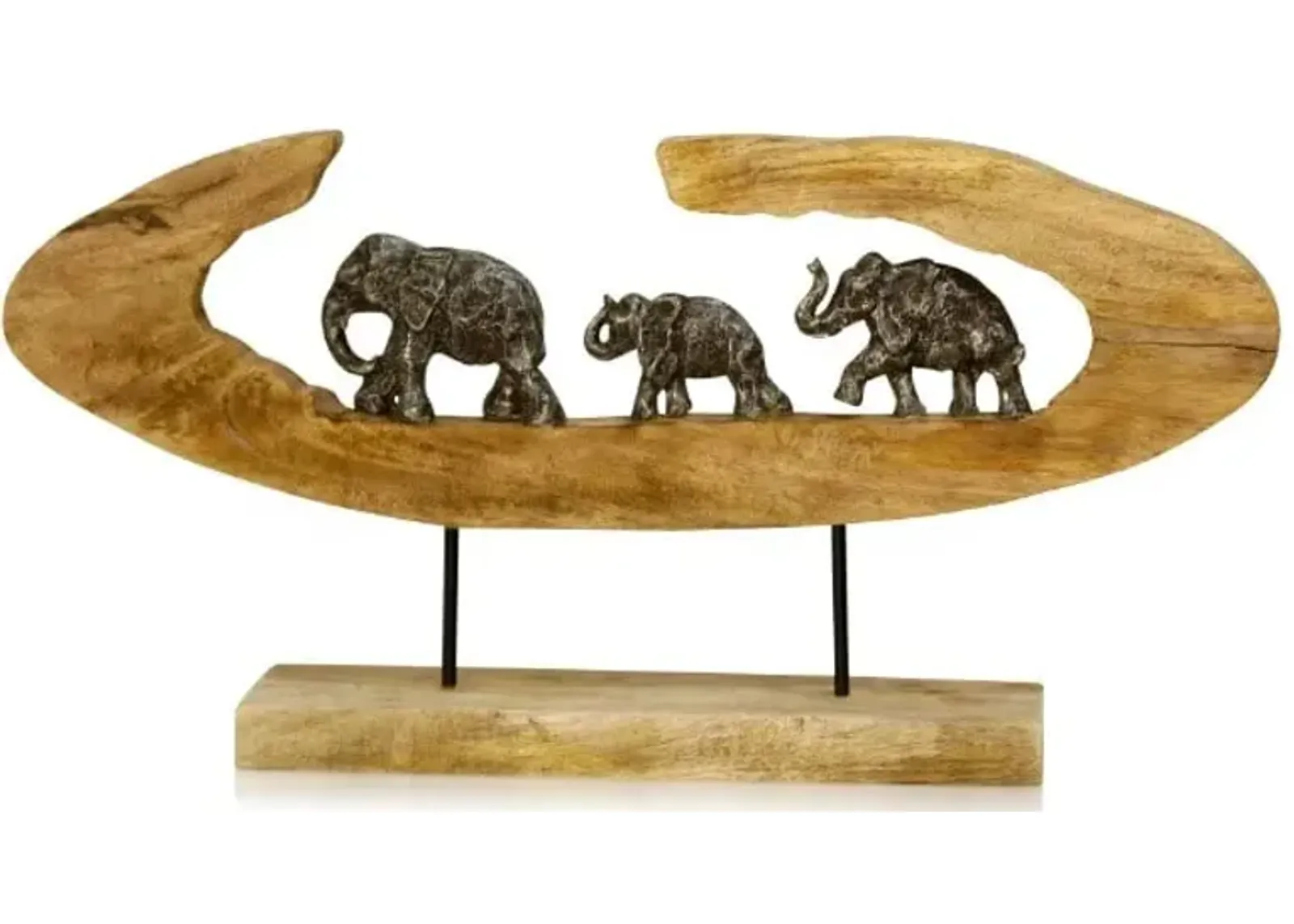 Elephants In Wood Circle Sculpture 27"W x 13"H