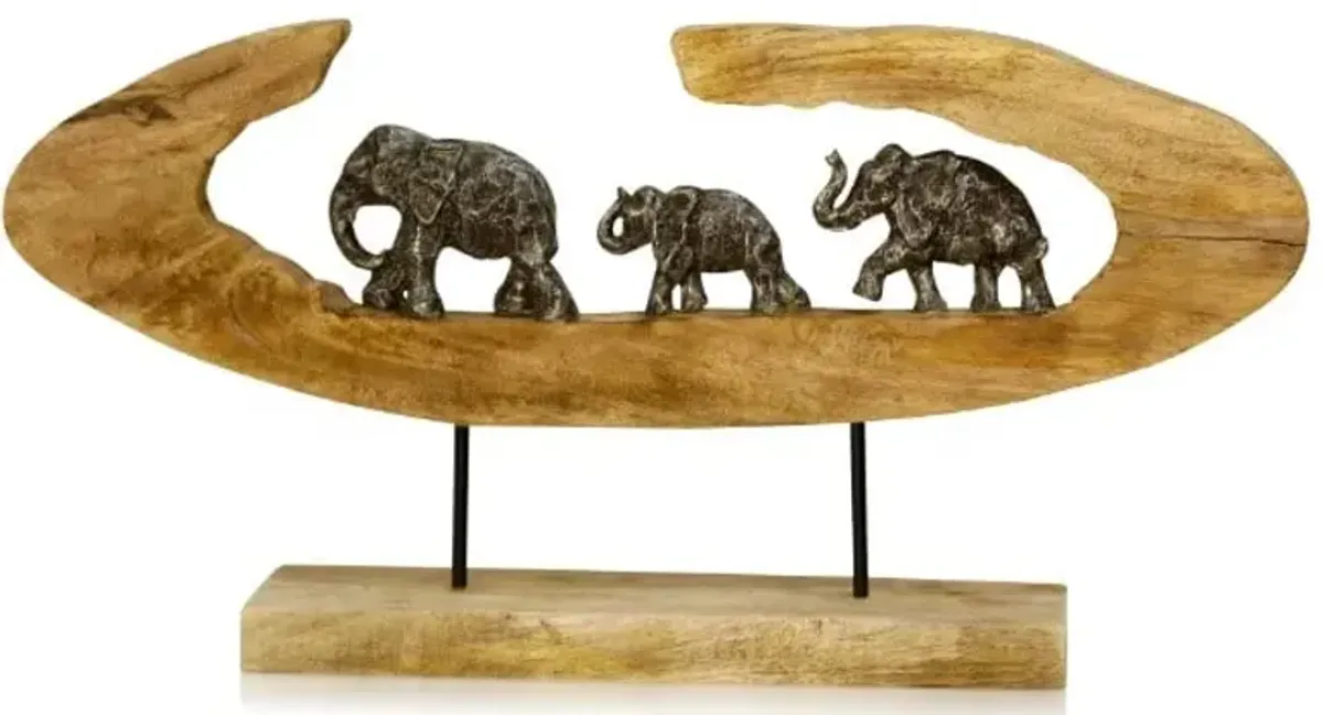 Elephants In Wood Circle Sculpture 27"W x 13"H