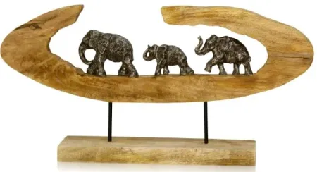Elephants In Wood Circle Sculpture 27"W x 13"H
