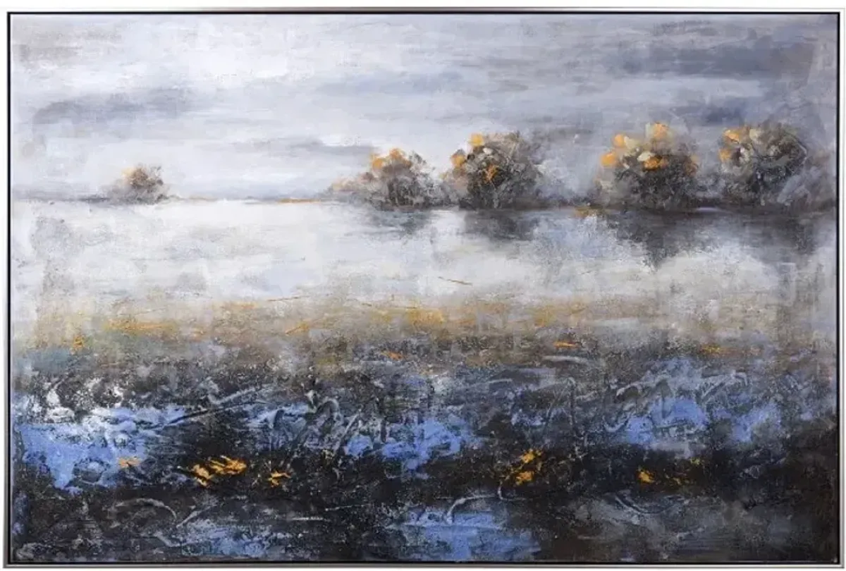 Blue, Gold, and Black Abstract Meadow Framed and Handpainted Art 60"W x 40"H