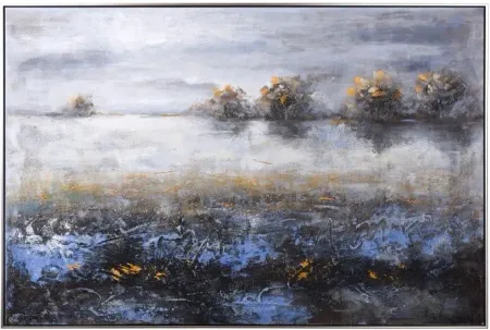 Blue, Gold, and Black Abstract Meadow Framed and Handpainted Art 60"W x 40"H