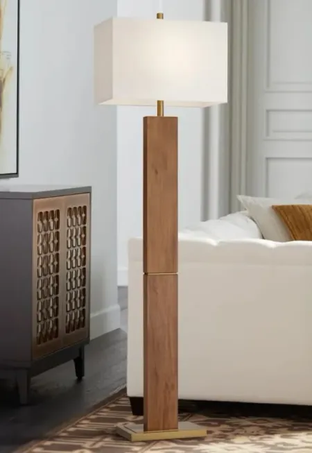 Wood and Brass Column Floor Lamp 65"H