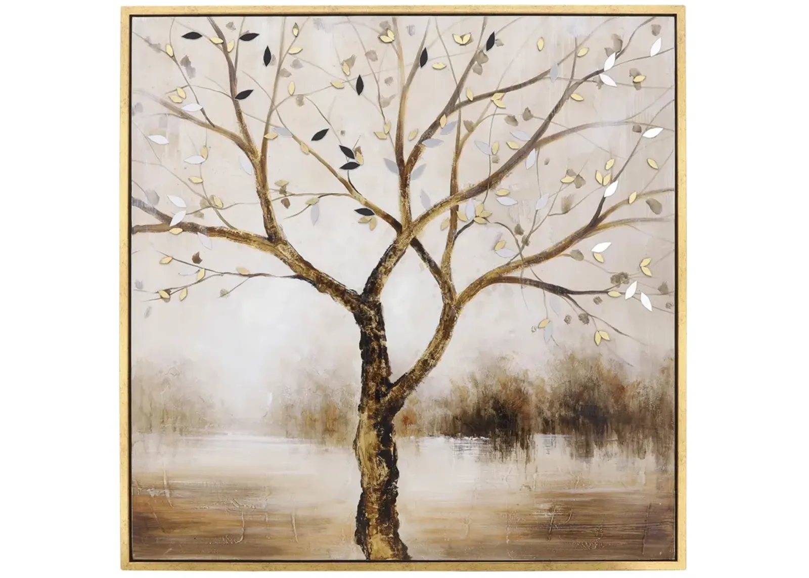 Mirrored Leaves Gold Tree Handpainted Canvas 42"W x 42"H