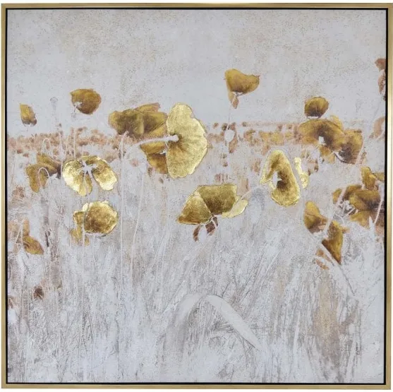 Gold and White Flowers Framed Oil Painting 49"W x 49"H