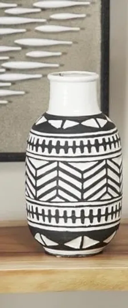 Large Black and White Tribal Ceramic Vase 8"W x 16"H