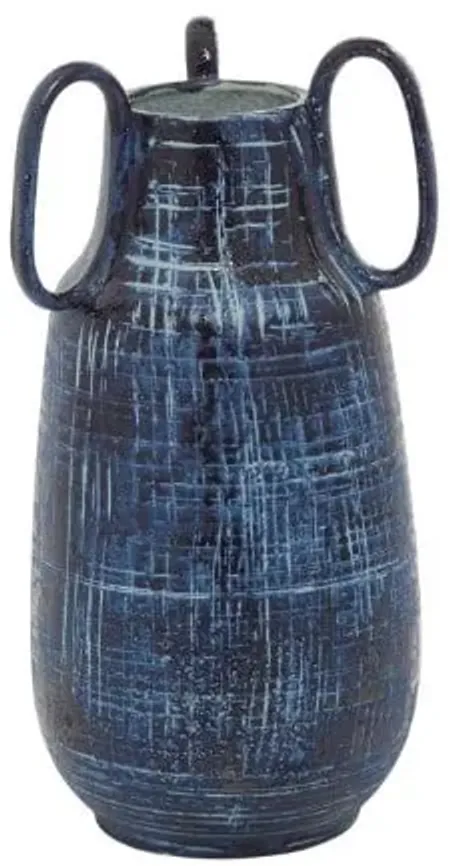 Small Blue Handled Ceramic Vase 6"W x 13"H