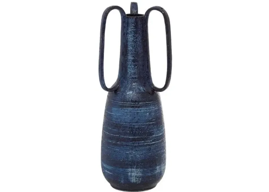 Large Blue Handled Ceramic Vase 7"W x 17"H