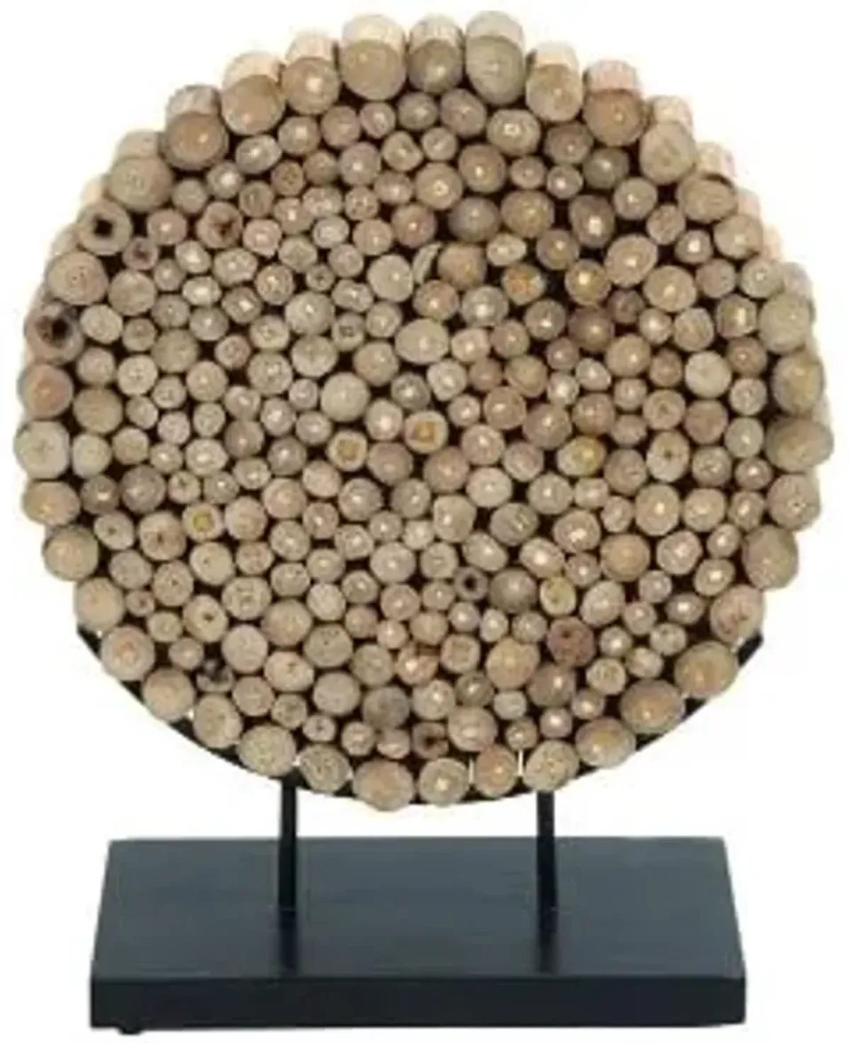 Brown Teak Wood Circle On Black Stand Handmade Sculpture 19"W x 24"H