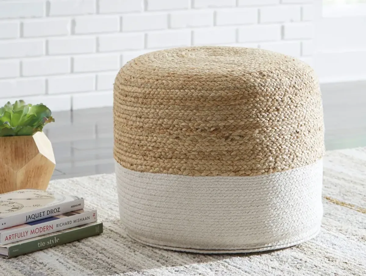 Natural and White Jute-Cotton Pouf 19"W x 18"H