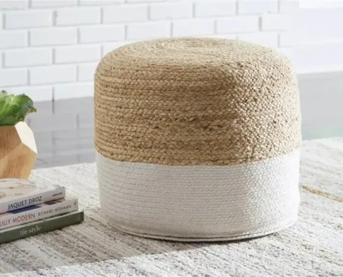 Natural and White Jute-Cotton Pouf 19"W x 18"H