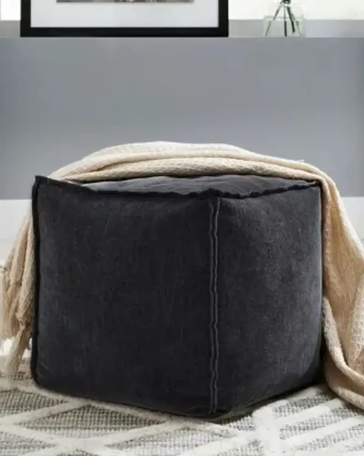 Black Cotton-Velvet Pouf 16.5"W x 17.5"H