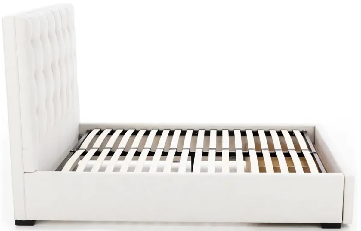 Abby Queen Upholstered Storage Bed in Merit Snow