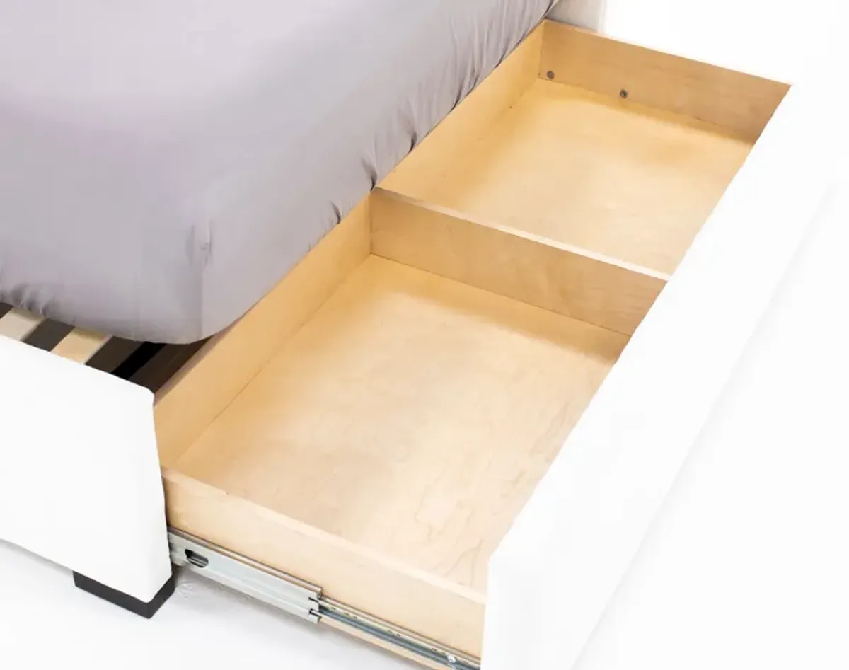 Abby Queen Upholstered Storage Bed in Merit Snow