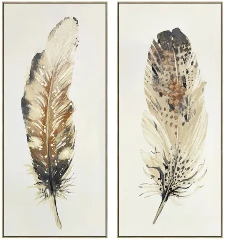 Set of 2 Black and Natural Feathers Framed Canvas Art 24"W x 54"H