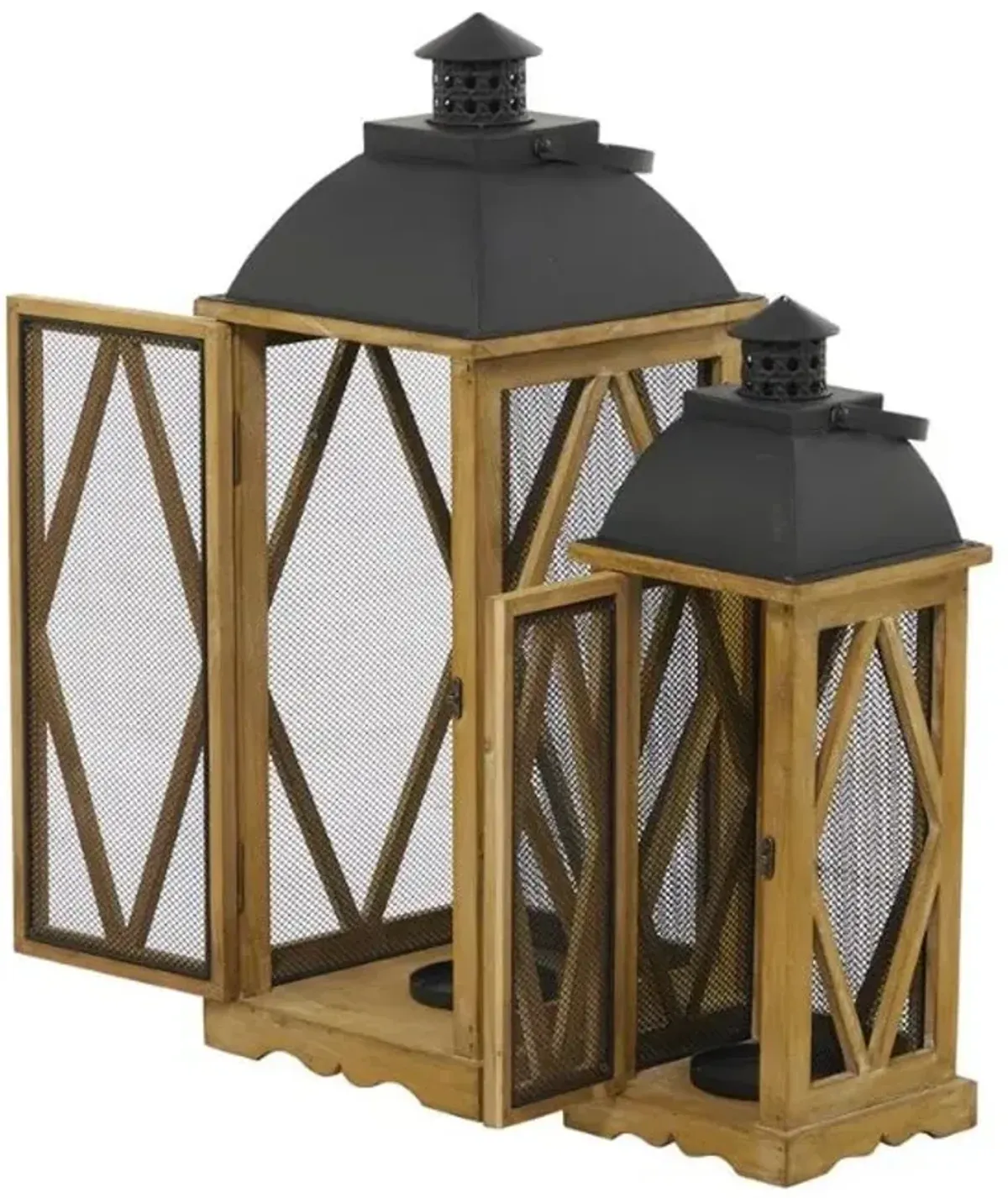 Set of 2 Metal and Wood Lanterns 21"/28"H