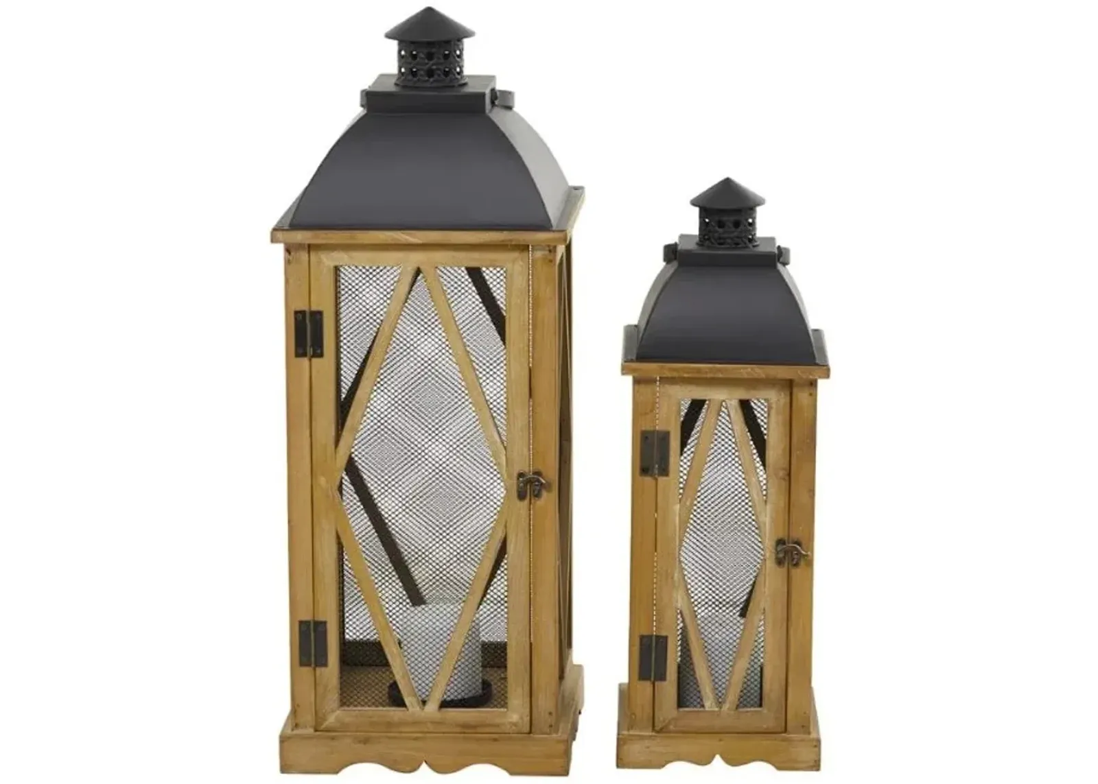 Set of 2 Metal and Wood Lanterns 21"/28"H