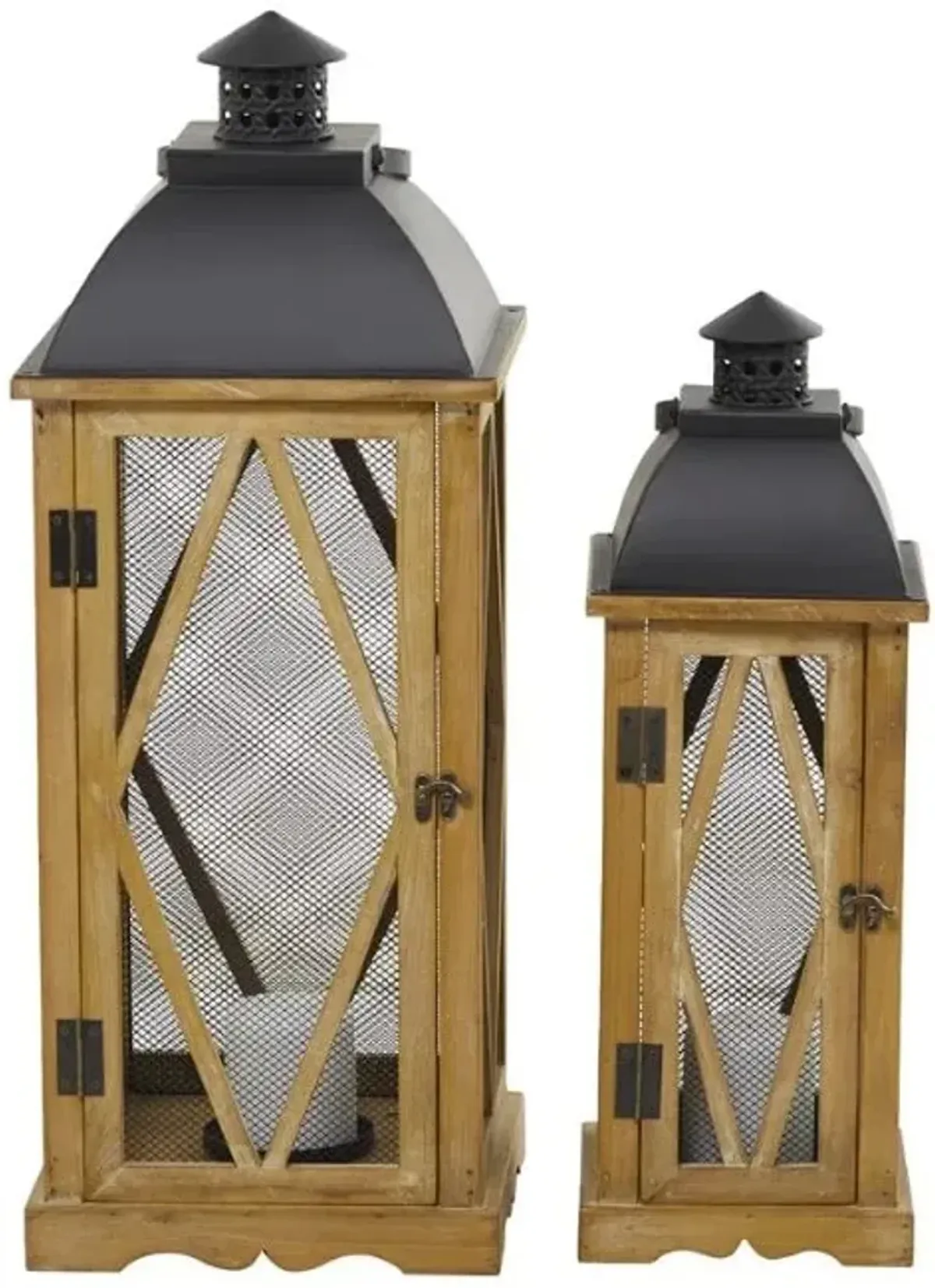 Set of 2 Metal and Wood Lanterns 21"/28"H