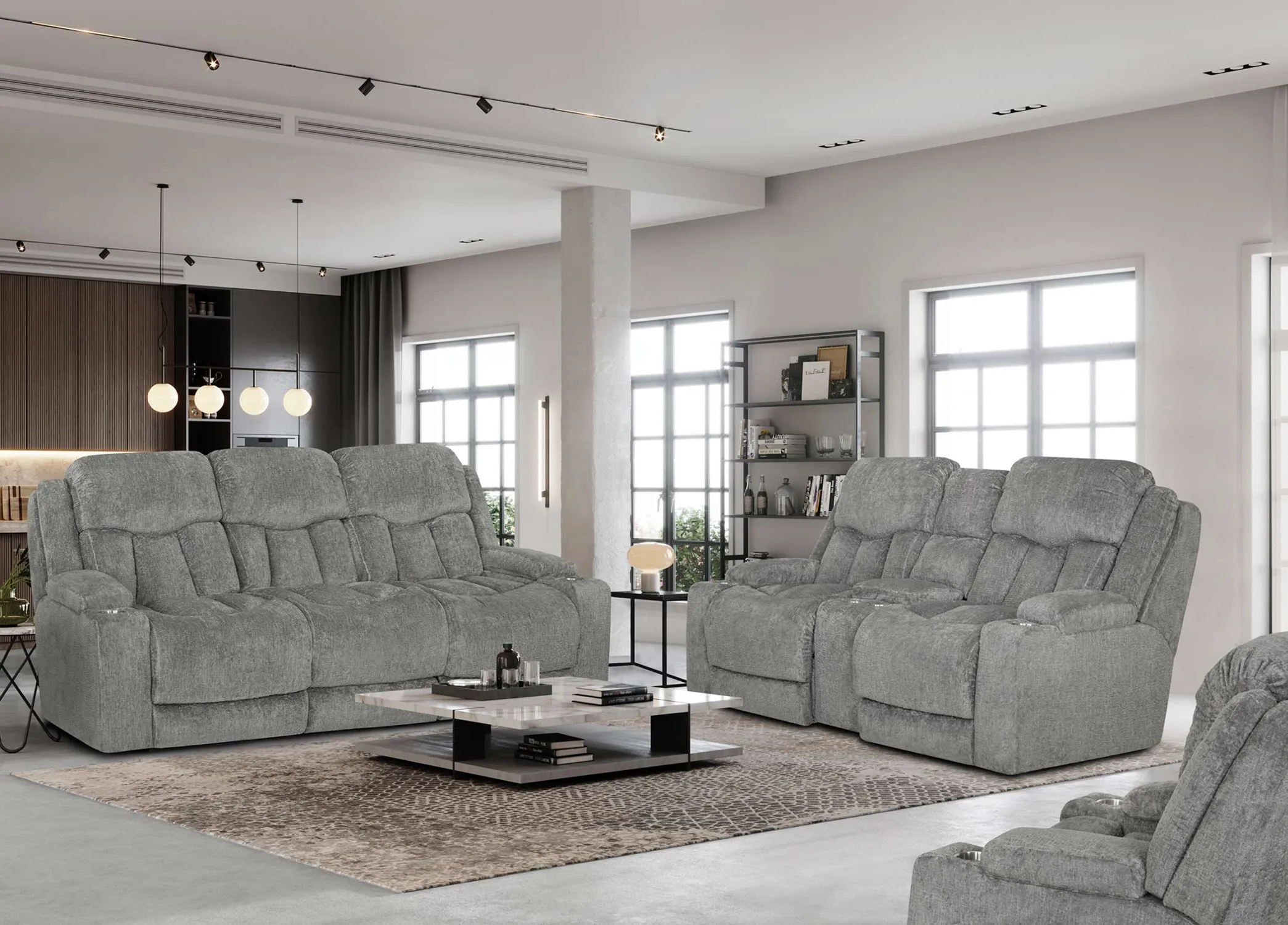 Euphoria Power Headrest Reclining Sofa With Massage and Drop Down Table in Ash