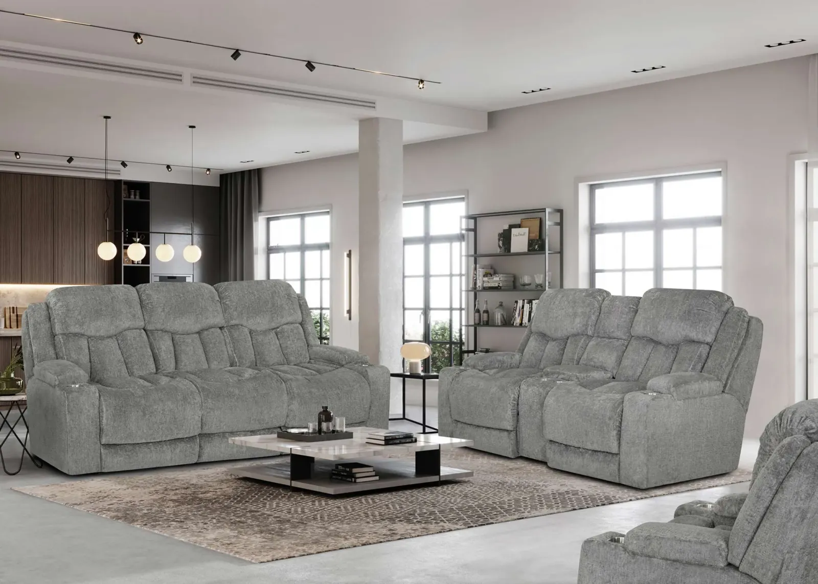 Euphoria Power Headrest Reclining Sofa With Massage and Drop Down Table in Ash