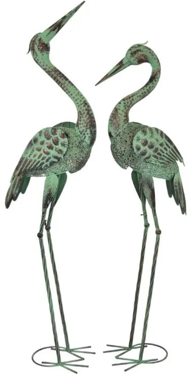 Set of 2 Green Metal Crane Figurines 45"H