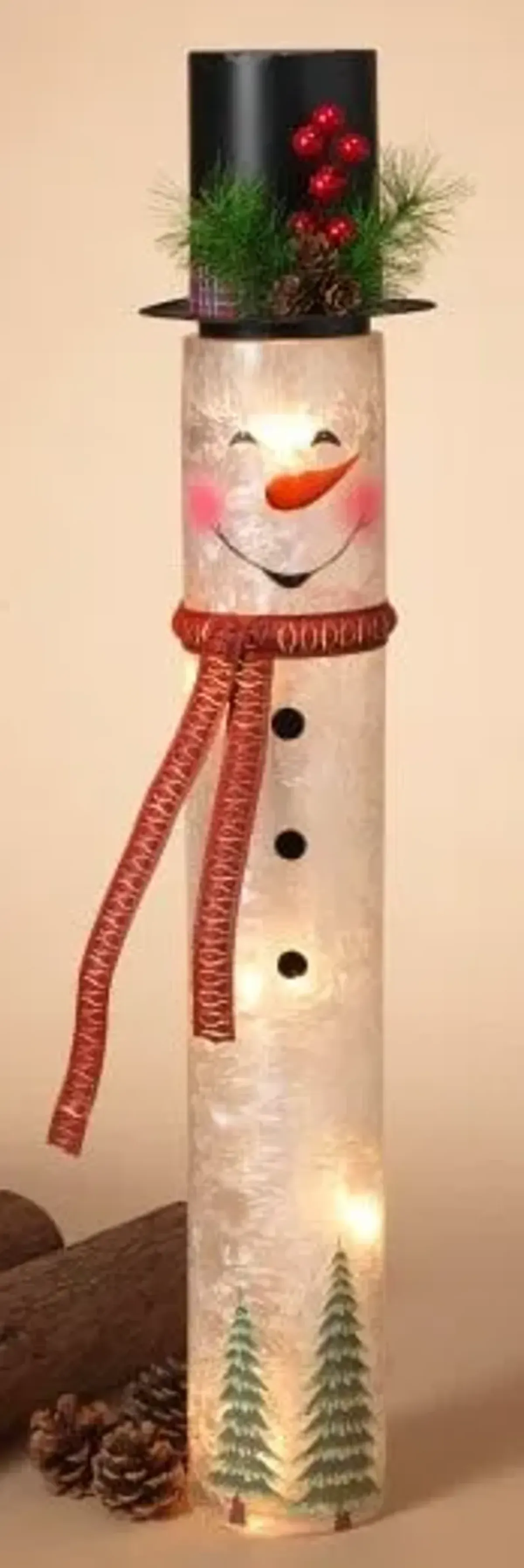 Metal and Glass Lighted Snowman 28.5"H