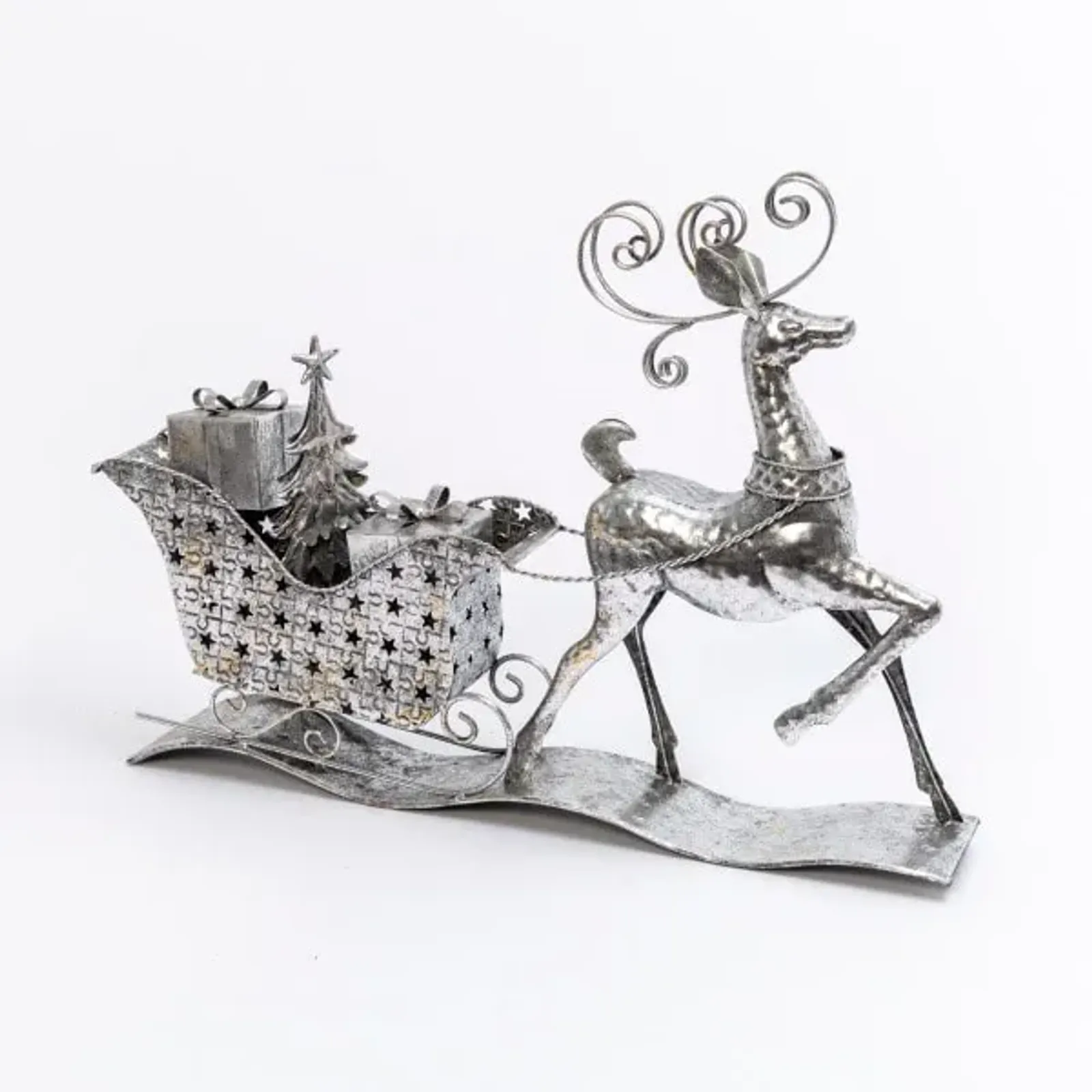 Silver Metal Sleigh With Deer 27"L