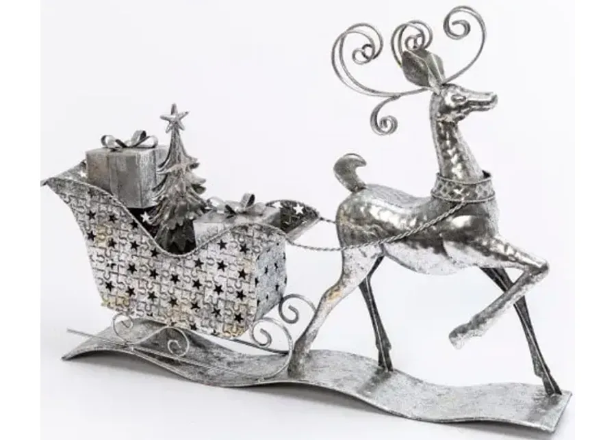 Silver Metal Sleigh With Deer 27"L