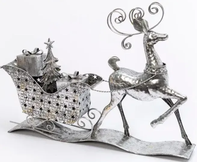 Silver Metal Sleigh With Deer 27"L