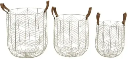 Set of 3 Metal and Faux Leather Baskets 12/14/16"H