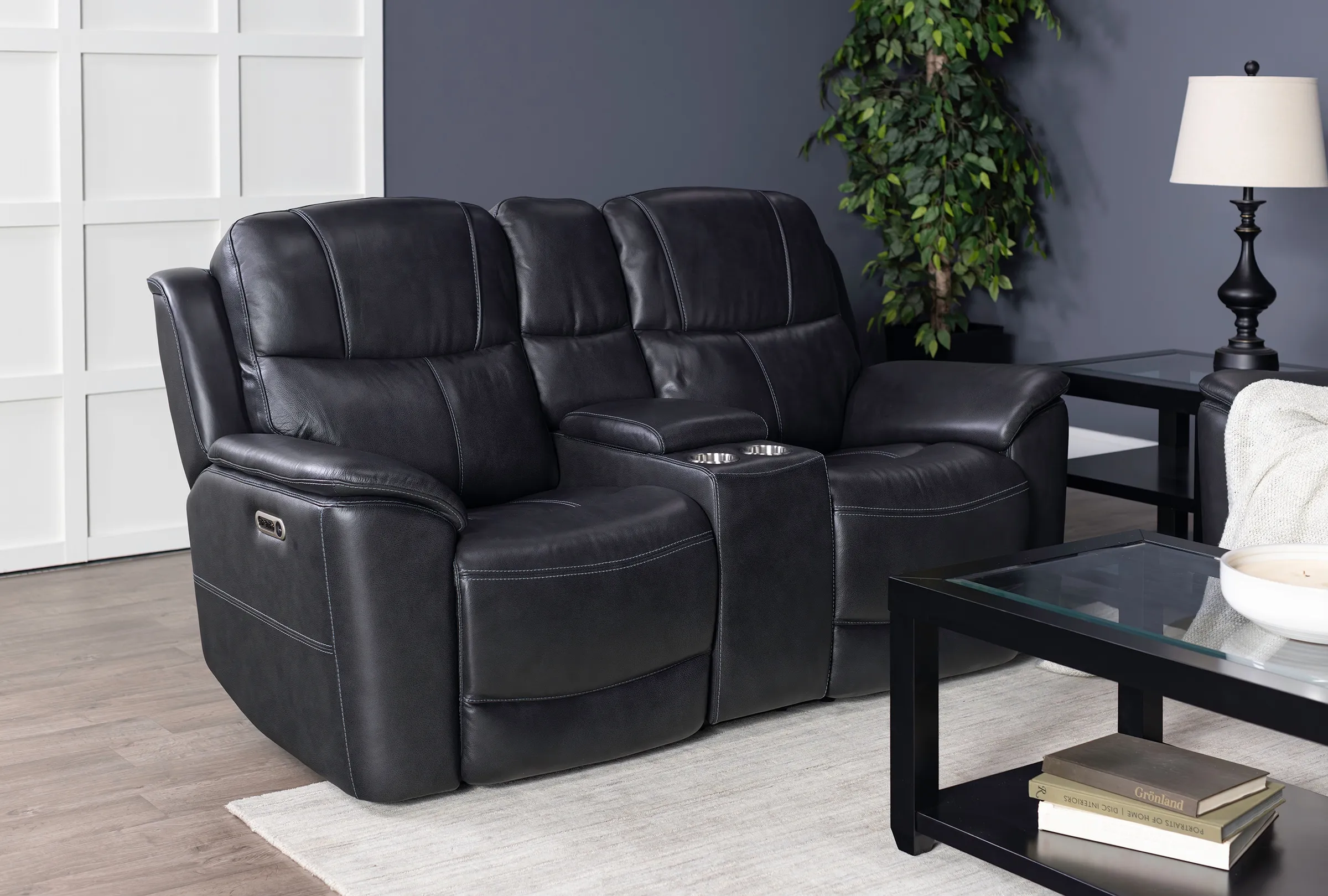 Wrenn Leather Fully Loaded Zero Gravity Reclining Console Loveseat in Raven