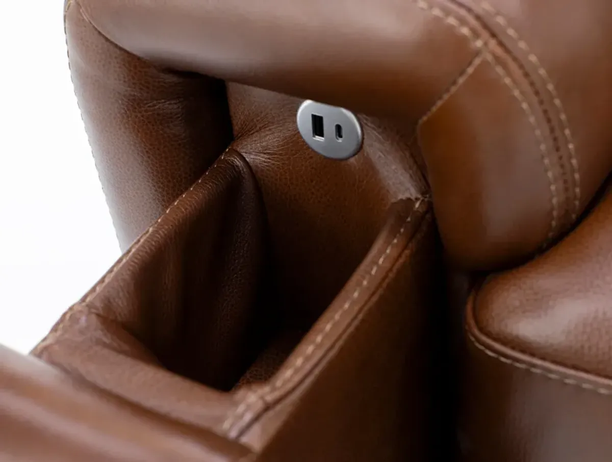 William Leather Chair With Hidden Cupholders And Chargers in Chestnut