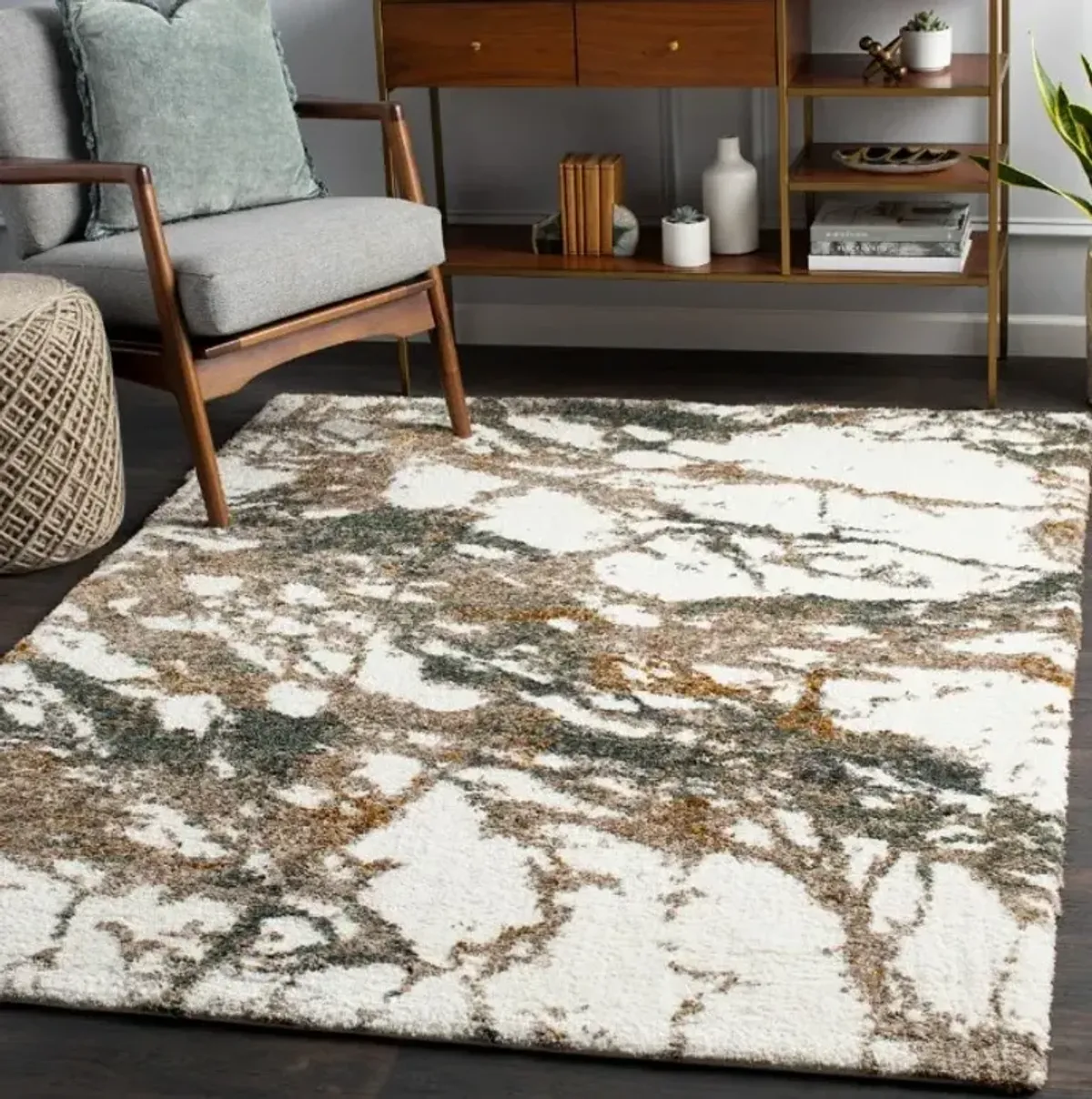 Celestial Shag Cream/Green/Mustard/Brown Area Rug 7'10"W x 10'L