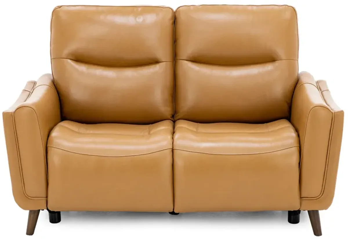 Bethany Leather Power Headrest Reclining Loveseat in Caramel