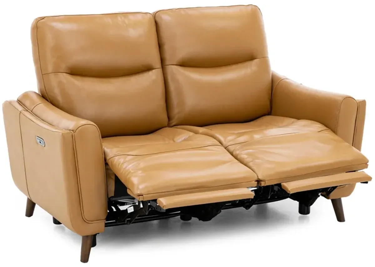 Bethany Leather Power Headrest Reclining Loveseat in Caramel