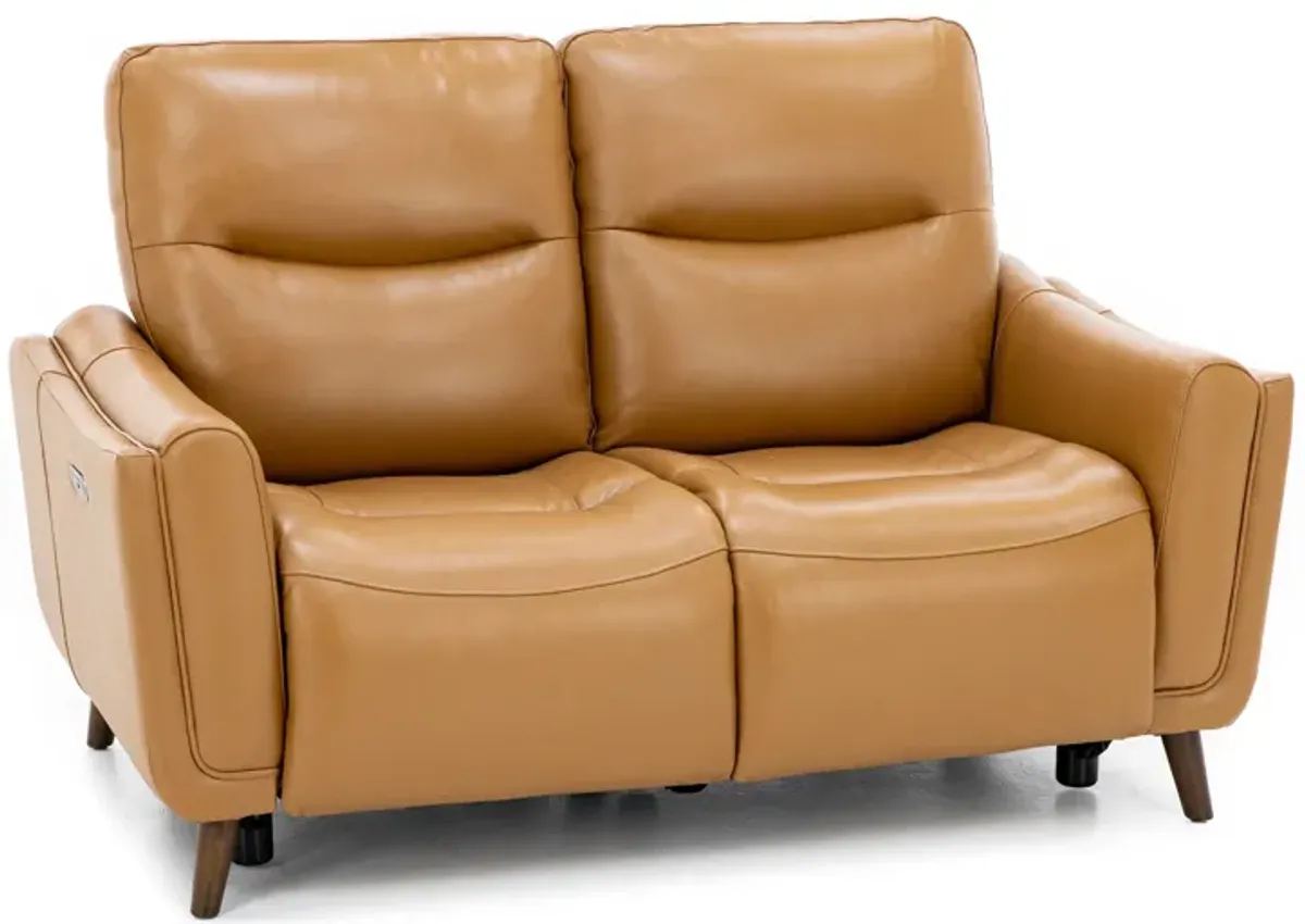 Bethany Leather Power Headrest Reclining Loveseat in Caramel