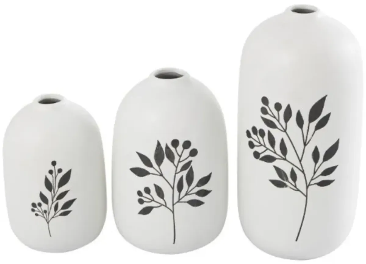 Set of 3 White and Black Leaf Ceramic Vases 6/7/10"H