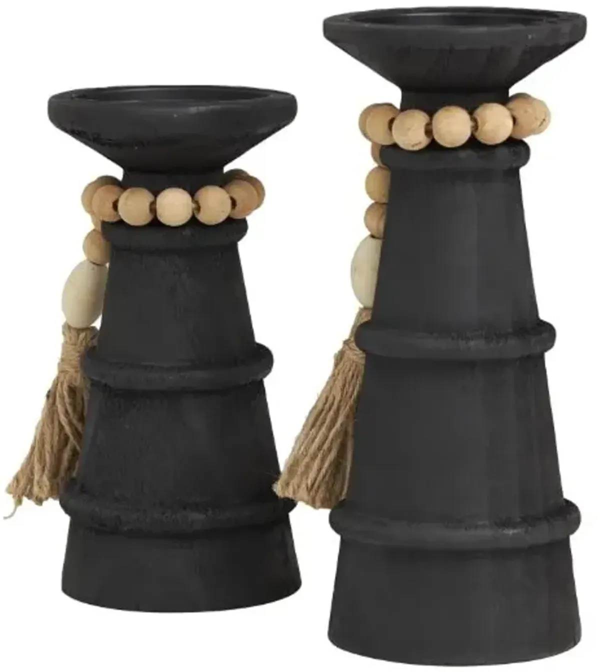 Set of 2 Black Wood Candleholders With Beads 8"/10"H