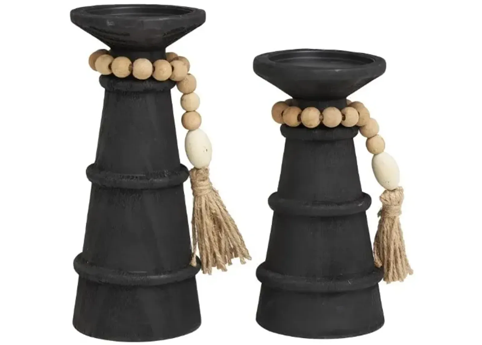 Set of 2 Black Wood Candleholders With Beads 8"/10"H