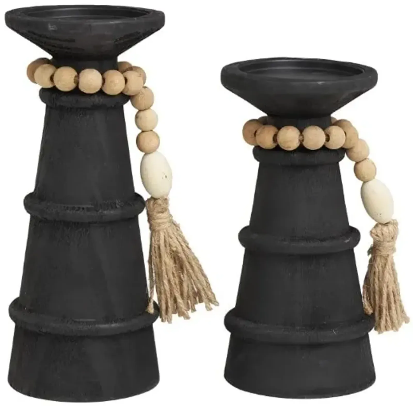 Set of 2 Black Wood Candleholders With Beads 8"/10"H