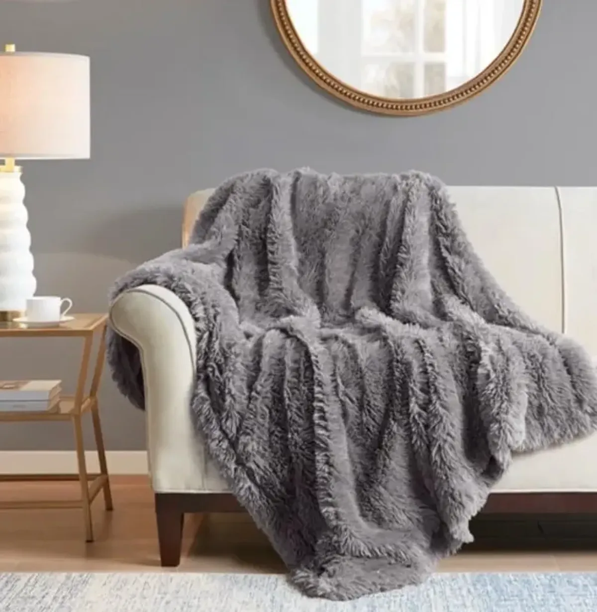 Grey Faux Fur Throw 50"W x 60"L